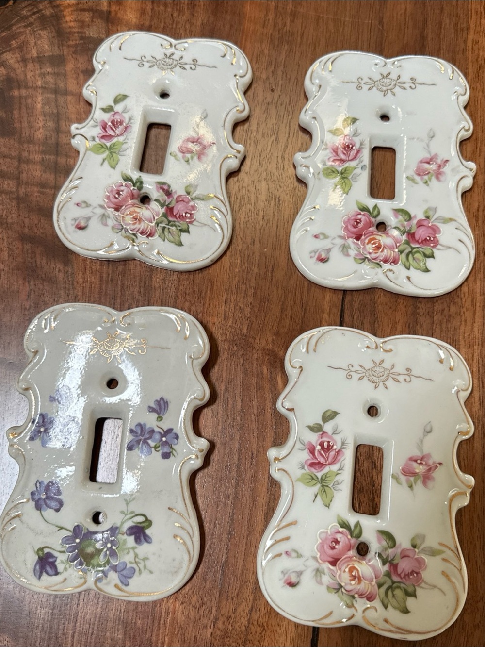 Vintage Porcelain Single Light Switch Covers Set of 4 Floral & Gold Gilt - Japan